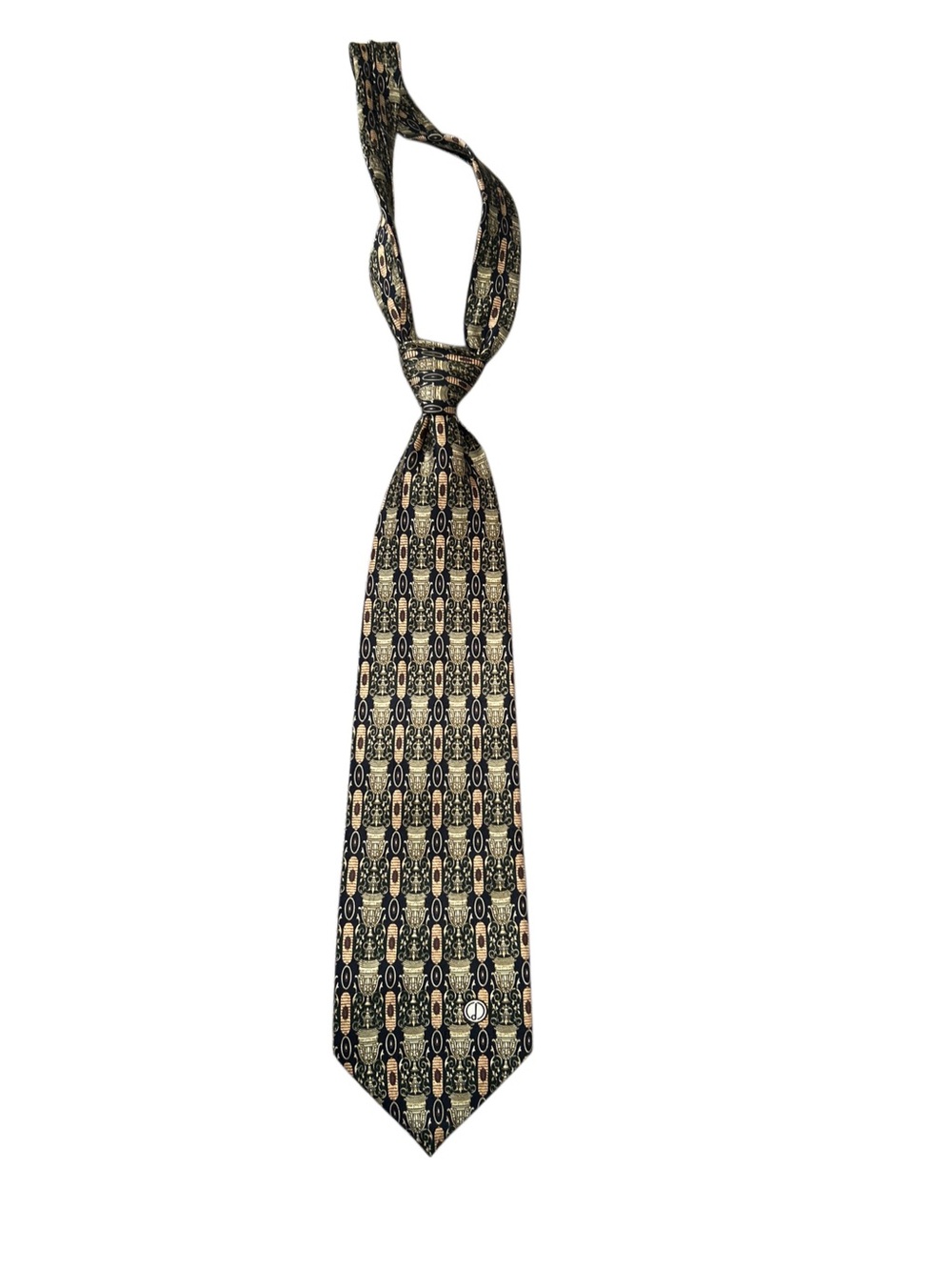 ⁠Vintage Dunhill Silk Tie Classic Urn Medallion Pattern Black Gold
